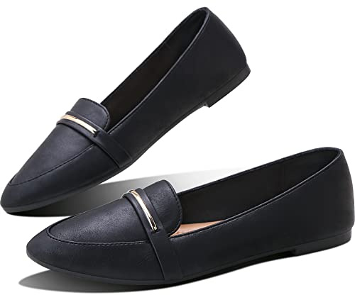 Obtaom Women's Faux Leather Ballet Flat,Comfortable Office Slip Ons,PU Working Loafer Flat(Black US8)
