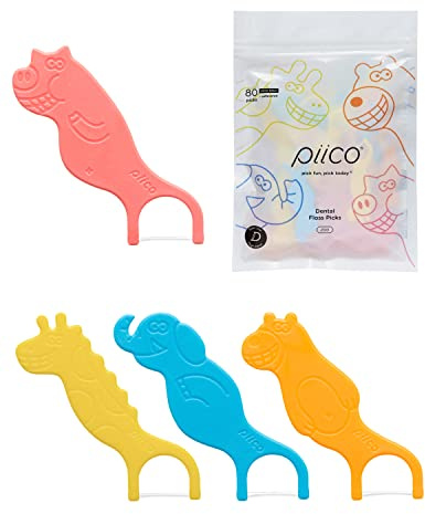 Piico Unflavored Kids Floss - No Fluoride Dual Line Dental Floss Picks - Fun Oral Care in Colorful Floss Sticks Design - Kids Flossers Avoid Tooth Decay & Gum Disease - 80 Count Zoo
