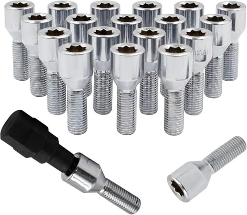 Wheel Accessories Parts Set of 20 Chrome 14x1.5 Socket Tuner Lug Bolts Cone Seat Acorn 8 Point Tuner 24mm Shank Length Small Diameter Wheel Lug Bolts with Dual Hex Key (20, Chrome, M14x1.5)