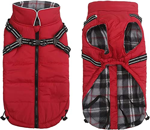 Pethiy-Manteau d'hiver pour Chien avec Harnais intégré,Veste Chien Chaud en Polaire,Imperméable Vêtements Gilet pour Chien avec Harnais,Pull d'extérieur pour Moyenne et Petite Chiens-Rouge-L