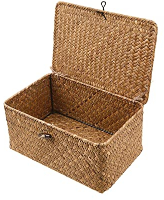 Esoes XXL Aufbewahrungskorb rattan korb mit deckel Aufbewahrungsbox mit Deckel dekobox Seegras Wäschekörbe Make-up-Organizer für Badezimmer Wohnzimmer Küche