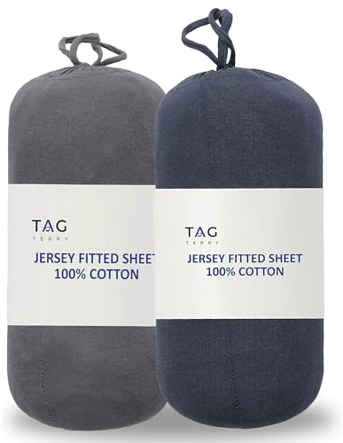 Tag Terry 100% Cotton Single Fitted Sheet | 2 Pack, 145 GSM, Deep (40cm) Soft Jersey | Stretchable & Breathable Deep Single Bed Sheets | 100 x 200 cm + 40cm (Single, Grey & Blue)