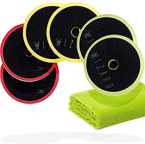 Detailmate Auto Polierschwamm Bundle Wizard of Gloss Pads 75mm | 6er Set| 2X Cutting Pad + 2X Polishing Pad + 2X Finishing Pad | Für Rotationspolierer und Exzenter Maschinen + detailmate Poliertuch