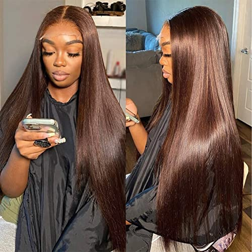 Hermosa 13x4 Chocolate Brown Lace Front Wigs Human Hair 180 Density Straight Lace Frontal Human Hair Wig Pre Plucked Hairline 4# Brown Wig 26 Inch