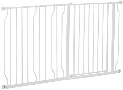 PawHut Dog Gate Wide Stair Gate w/ Door Pressure Fit Pets Barrier for Doorway, Hallway, 76H x 75-145W cm - White