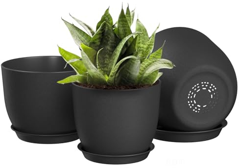 FIASON 20/23/25 cm Plant Pots, Plastic Plant Pots with Drainage Holes and Saucers, Flower Pots Suitable for Indoor and Outdoor Use(Black, Set of 3)