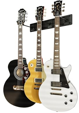 String Swing Gitarren-Wandregal, mehrere Gitarren-Wandhalterung, Gitarren-Organizer für Akustik- und E-Gitarren, 3 gepolsterte Armaufhänger und schwarze Slatwall-Schiene, Wandhalterung, hergestellt in