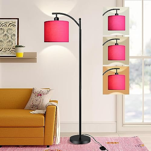 Depuley Lampadaire Arc avec abat-jour, lampe debout avec 3 températures de couleur, lampe à poteau pour salon, chambre à coucher, lampadaire de lecture avec ampoule LED 8W, Noir avec abat-jour Rose