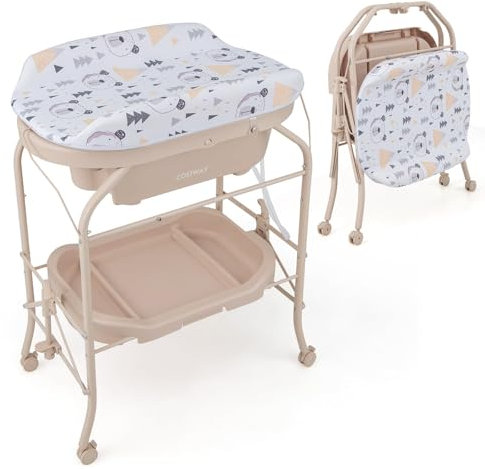 COSTWAY 4 in 1 Wickeltisch mit Badewanne, tragbare Wickelkommode mit PVC-Auflage & Abflussrohre, mobile Wickelstation klappbar mit Universalrädern für 0-12 Monate Baby, bis 35 kg belastbar (Beige)