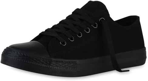 VAN HILL Damen Sneaker Low Bequeme Schnürer Flache Basic Schuhe Freizeit Stoffschuhe Schnürschuhe 203884 Schwarz 36