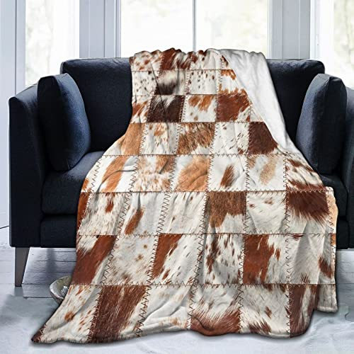 Braune Decke mit Kuh-Aufdruck, Rindsleder, Patchwork-Muster, Überwurfdecke, ultraweich, leicht, gemütlich, warm, Plüsch-Flanell-Decken, luxuriöse Patchwork-Haut, Geschenkidee, 203,2 x 152,4 cm