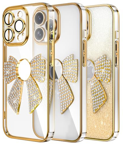 IMEIKONST Compatible with iPhone 12 Pro Phone Case, Glitter Camera Protector Case Bling Shining Diamond Bow Elegant Design Soft TPU Thin Slim Fit Rubber Bumper Cover for iPhone 12 Pro. Gold KDH