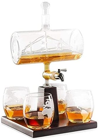 Decanter Decanter for whisky Decanter for vino Set di decanter for whisky con 4 bicchieri e supporto in legno di quercia, dispenser di liquori unico