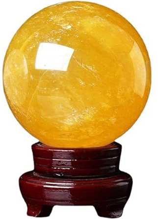 Natürliche Gelbe Kristallkugel, Citrin-Kugel, Mondstein, Edelstein, Polierte Wahrsagungskugel, Dekorative Kugel mit Holzständer für Meditation, Weissagung, Heilung, Fotografie, Dekoration,100mm