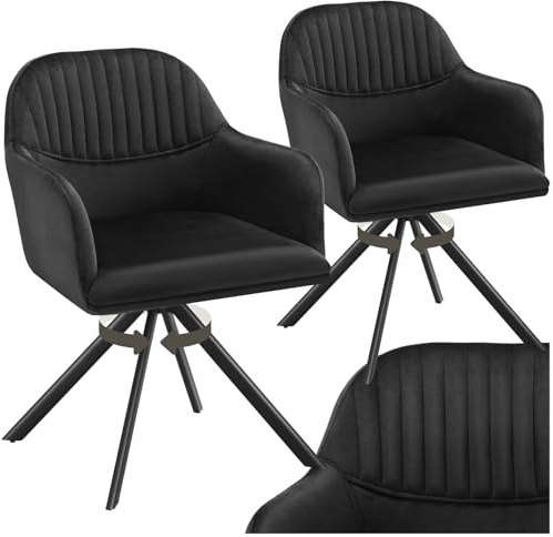 tectake® Esszimmerstuhl drehbar, Armlehnstuhl drehbar, ergonomischer Stuhl Samt, Stühle für Esszimmer, Möbel für Wohnzimmer, Arbeitszimmer, Esstisch, Schminktisch - 2er Set - schwarz/schwarz