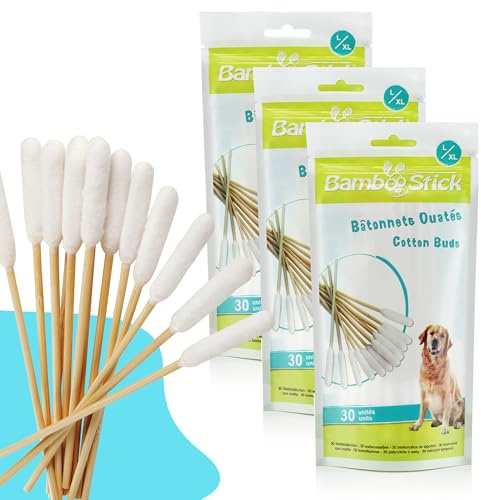 Baumwollstab für Hunde L/XL – 3 Packungen mit je 30 Baumwollstäbchen für die Pflege der Ohren für große Hunde, sichere Reinigung, effizient und weich – extrem saugfähig – entwickelt von einem