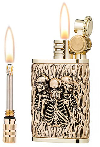 Lighetr - Accendino a cherosene 2 in 1 con fiammifero permanente in stile antico, con fiammifero permanente (teschi dorati)