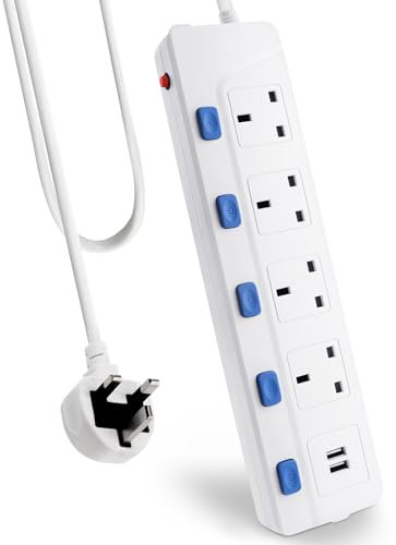 TOKIISHE Extension Lead with 2 USB Slots, 4 Way Plug Extension Socket with Individual Switches Wall Mount Extension Cable 1.8M Extension Cord with Surge Protection, Desk Power Strip for Home, Office