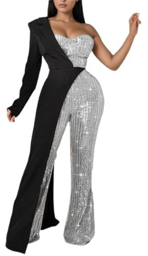 Glitzer Overall Damen, Jumpsuit Damen Pailletten Festlich Hosenanzug Overall Langarm Elegant Hohe Taille Romper Lang Glitzer Playsuit Party Hochzeit Casual Clubwear Jumpsuits