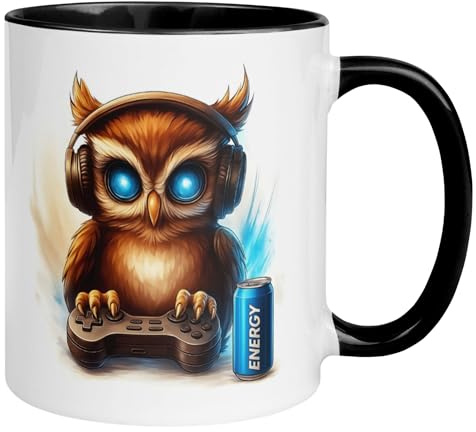 Eulen Geschenke Tasse | Eat Sleep Game Repeat | Lustige Gamer Kaffeetasse mit Eule | Witziger Geschenk Becher für Zocker