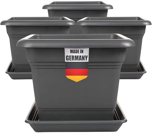 SUSTANIA 4er Set Blumentopf Gross mit Untersetzer 28x28 cm eckig, 16 Liter, Pflanzkübel Groß aussen, Tomaten Kübel Blumenkübel Pflanztopf, Made in Germany, Anthrazit