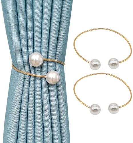 SanKristo 2 Stück Vorhang Raffhalter Clips, Moderne Perle Vorhang Gardinenhalter, 360°Drehbare Kreis Vorhang Halter Schnallen, Ohne Bohren Verstellbare Vorhang Halter für Haus, Gold