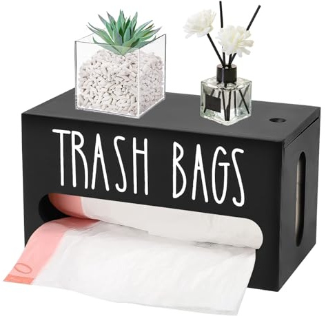 Bin Bag Holder, Wooden Trash Bag Dispenser for Wall Mount or Countertop, Plastic Bag Holder Carrier Bag Holder Garbage Bag Holder for Kitchen Bathroom Toilet Storage (Black)