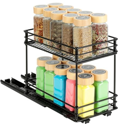 Cozary Gewürzregal Ausziehbar-Doppelter Gewürz Organisator–Gewürzständer mit Schublade & Belüftung, Küchenschrank Organizer, 2 Montagearten (26 * 15 * 21.8cm)
