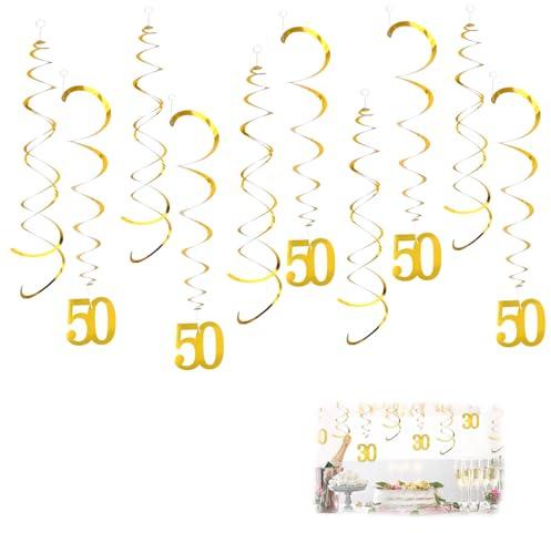 20 espirales decorativas de 50 cumpleaños doradas, 50 serpentinas decorativas de cumpleaños, guirnalda en espiral para decoración de celebraciones, reuniones, decoración