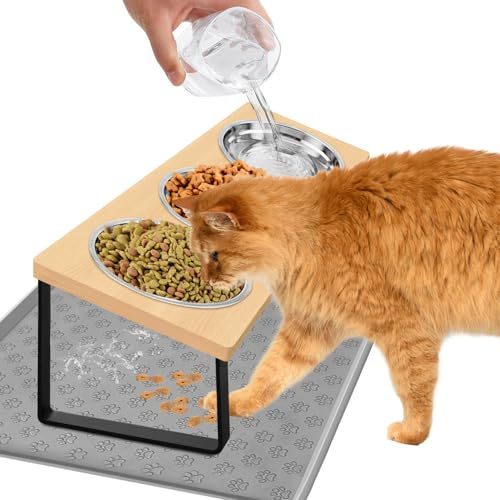 Exquilnova Ciotole per gatti con supporto inclinato, inclinate di 15°, ciotola rialzata per gatti con tappetino per cibo, ciotole per gatti per acqua, cibo, 3 ciotole in acciaio inox per gatti e cani