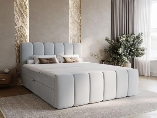 GRAINGOLD Cloud Bett 180x200, Boxspringbett mit Bettkasten, Polsterbett mit Bonell-Matratze, Samt Stoff, mit Topper, mit Kopfteil (Hellgrau, 180x200)
