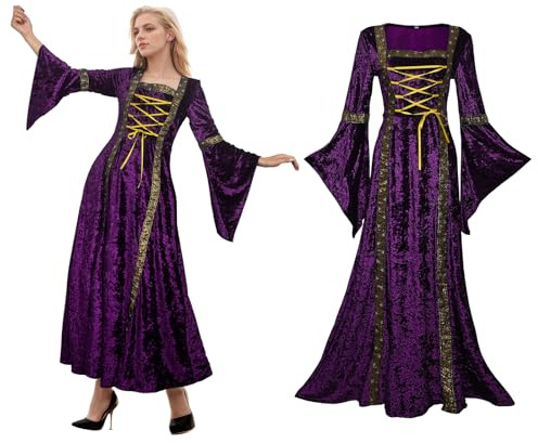 YORDET Vestido medieval de terciopelo para mujer, disfraz renacentista, estilo victoriano, vintage, para fiesta de cosplay (Morado, S)