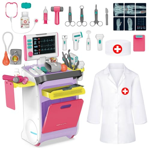 deAO Valigetta Dottore Bambini, Carrello Medico Giocattolo, Kit Dottoressa Bambina con Camice da Medico, Stetoscopio, Simulazione Dottore Accessori, Gioco di Ruolo Regalo per Ragazze Ragazzi (Rosa)