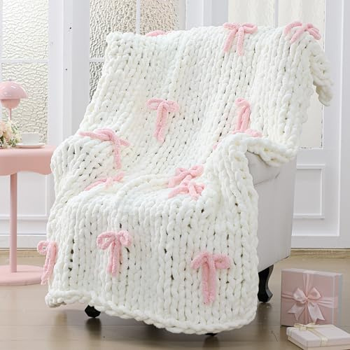 Mindsoft Pink Bow Chunky Knit Blanket Throw Large 50 X 60 100% Handmade Cream Chenille Loop Yarn Fluffy Soft Knitted Throw Big Cozy Thick Cable Knit Crochet Blanket for Couch Sofa Bed