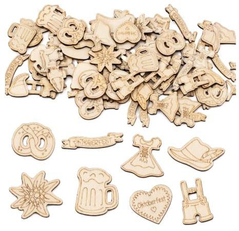 HENGBIRD 100 Stück Oktoberfest Deko Streudeko Holz Bayrische Deko 3-4cm Holz Konfetti Enthalten Edelweiss Deko Beer Mug, Hat, Heart, Beer Skirt Pattern, für Bayrische Oktoberfest Party
