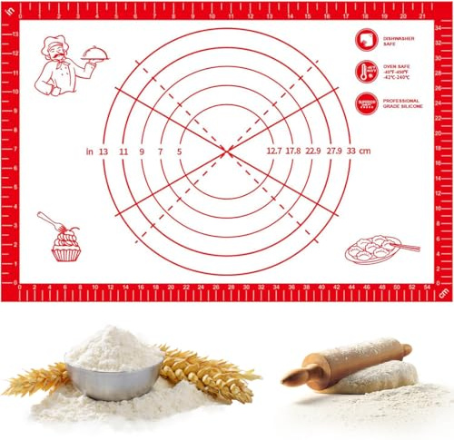 OIXEYA Tapete de Silicona Antiadherente para Pastelería con Cortador de Masa, Esistentes al Calor Tapetes para Amasar y Hornear, Bandeja Pasta, Fondant, Para Pan, Pizza Horno (60x40 cm, Rojo)