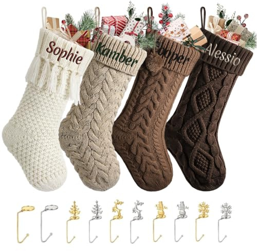 papasgix Weihnachtsstrumpf Personalisiert mit Name Nikolausstrumpf 46cm große gestrickte Weihnachtssocken Icon Christmas Stockings Weihnachtskarte Haken Weihnachtsdeko (1PC Braun+Rosa)