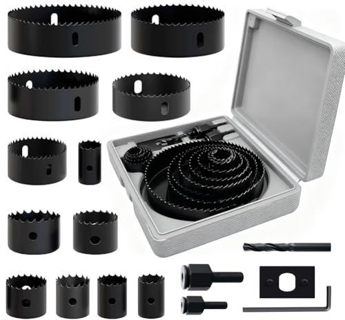 16 tlg. Lochsägen Set, Lochbohrer Holz (Ø19-127 mm), Lochsäge Metall Schnitttiefe 20 mm, Lochkreissäge Set für Gipskartonplatten, Kunststoffplatten, Holzbearbeitung, Verbundplatten