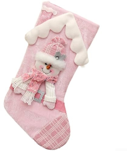 Besttoolifes Weihnachtsstrümpfe, rosa Glitzertuch, festliche Cartoon-Charaktere, 44 cm große Größe, Kindertasche, Ferienhaus, Schule, Restaurant, Dekoration (Schneemann)