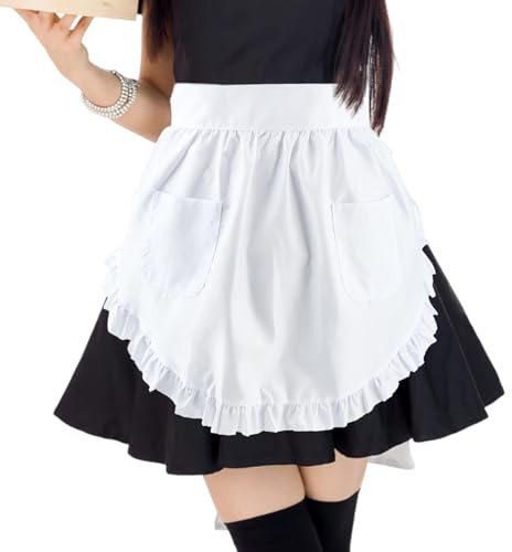 Olnverath Women's Waist Apron with 2 Pockets,White Apron for Women,Half-Apron Waitress Servant Cosplay Costume Halloween Maid Outfit Aprons for Kitchen Cooking Restaurant Coffee Shop