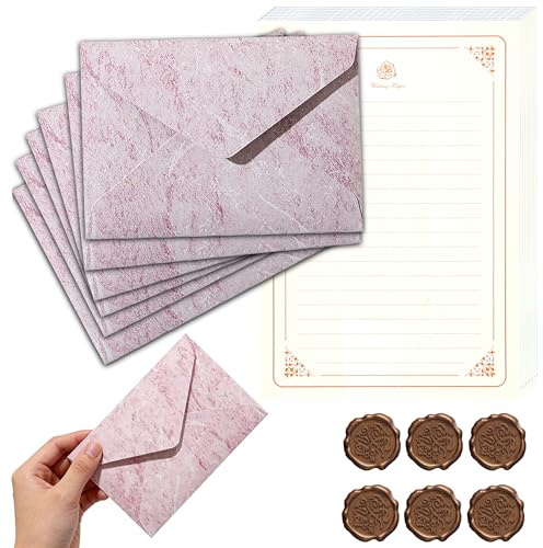 Carta da Lettere con Busta Vintage – Set Completo 6 Buste + 20 Fogli A5 14,5x21cm + 6 Sigilli Decorativi – Carta Pergamena da Scrivere per Lettera Romantica, Matrimonio, Inviti (Rosa)