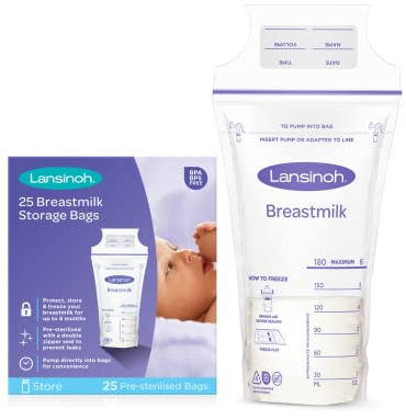 Lansinoh Breast Milk Storage Bags Breastmilk Pouches for fridge or freezer use, store flat or standing, BPA and BPS free, pre-sterilised, double zipper seal, Pack of 25, Packaging may vary