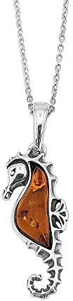 Kiara Jewellery Sealife Halskette mit Seepferdchen-Anhänger, 925er Sterlingsilber, mit braunem baltischem Bernstein auf 45,7 cm langer Panzerkette aus Sterlingsilber., Sterling Silber, Bernstein