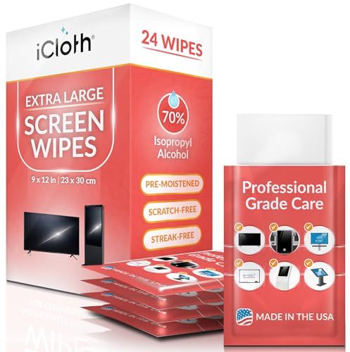 iCloth XL Wipe - 9x12 Inch Electronics Cleaning Wipe, 70% Isopropyl Alcohol, Individually Sealed - Streak-Free, Lint-Free, Restores Optical Clarity - TV, Monitor, Laptop (24 Wipes)