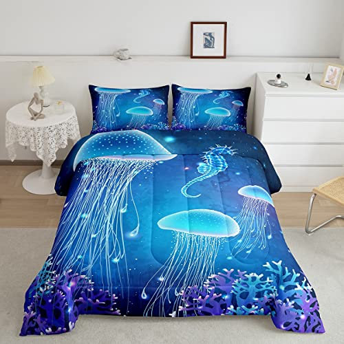 Loussiesd Jellyfish Duvet Insert Kids Toddler Sea Coral Blue Underwater World Duvet Cover Boys Gils Bedding Set Sealife Ocean Creature Quilted Single Aquatic Animal Bedding Ultra Soft