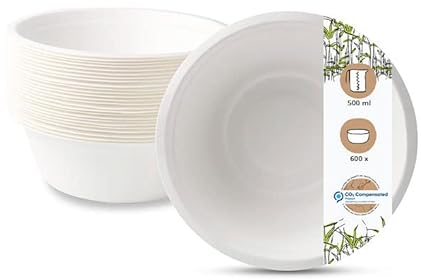 BIOZOYG Piatti usa e getta Vaschette per zucchero da cucina I piatti biodegradabili I Piattini da zuppa Ciotola Piatti pasta Piatto da portata I 600 x Piatto fondo 500ml, rotondo 15cm