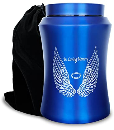 CHIEMOT Grande urne funéraire décorative pour Cendres humaines jusqu'à 100 kg - avec Sac en Velours - Motif Ailes d’Ange et Texte «in Loving Memory» - Bleu