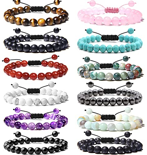 Svovin 12 Pieces 8mm beaded Gemstone Bracelets Set for Men Women Unisex Tiger Eye Amethyst Energy Power Adjustable Elastic Bracelets Jewelry
