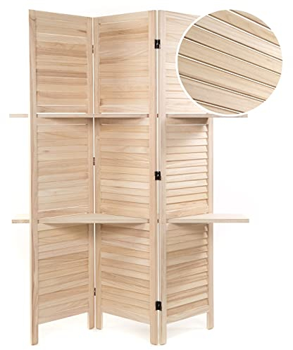 DESIGN DELIGHTS Holz RAUMTEILER Cottage II | 3-teilig, 170x120 cm, Holz | Paravent mit Regalböden, Faltbarer Raumtrenner, Trennwand, Sichtschutz mit Ablage | Farbe: Natur