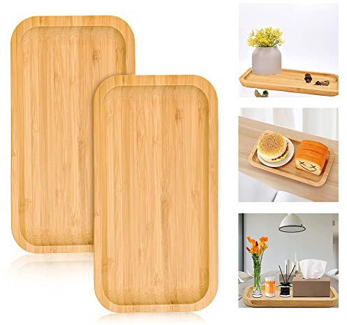BUENTYA 2 PCS Plateau de Service Bois Plateau en Bambou Rectangulaire Soucoupes Bois de Rangement 25*14*2cm Assiette Bambou pour Fruits Steak, Nourriture, Pots, Plantes, Repas, Café, Pain(Rectangle)